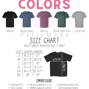 May include: Size chart for adult unisex heavyweight t-shirts. The chart shows sizes S through 3XL with corresponding width and length measurements in inches. The chart also includes information about the fabric: heavyweight 6.1 oz., 100% ringspun cotton, relaxed fit, twill label, garment dyed and soft-washed fabric.