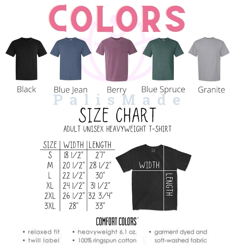 May include: Size chart for adult unisex heavyweight t-shirts. The chart shows sizes S through 3XL with corresponding width and length measurements in inches. The chart also includes information about the fabric: heavyweight 6.1 oz., 100% ringspun cotton, relaxed fit, twill label, garment dyed and soft-washed fabric.