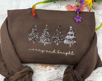 Merry & Bright Christmas Tree Embroidered Crewneck Sweatshirt - 4 Christmas Trees