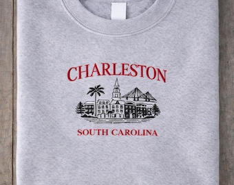 Charleston South Carolina Embroidered Sweatshirt, Charleston Skyline Crewneck, South Carolina Travel Gift, Charleston SC Vintage Style Sweat