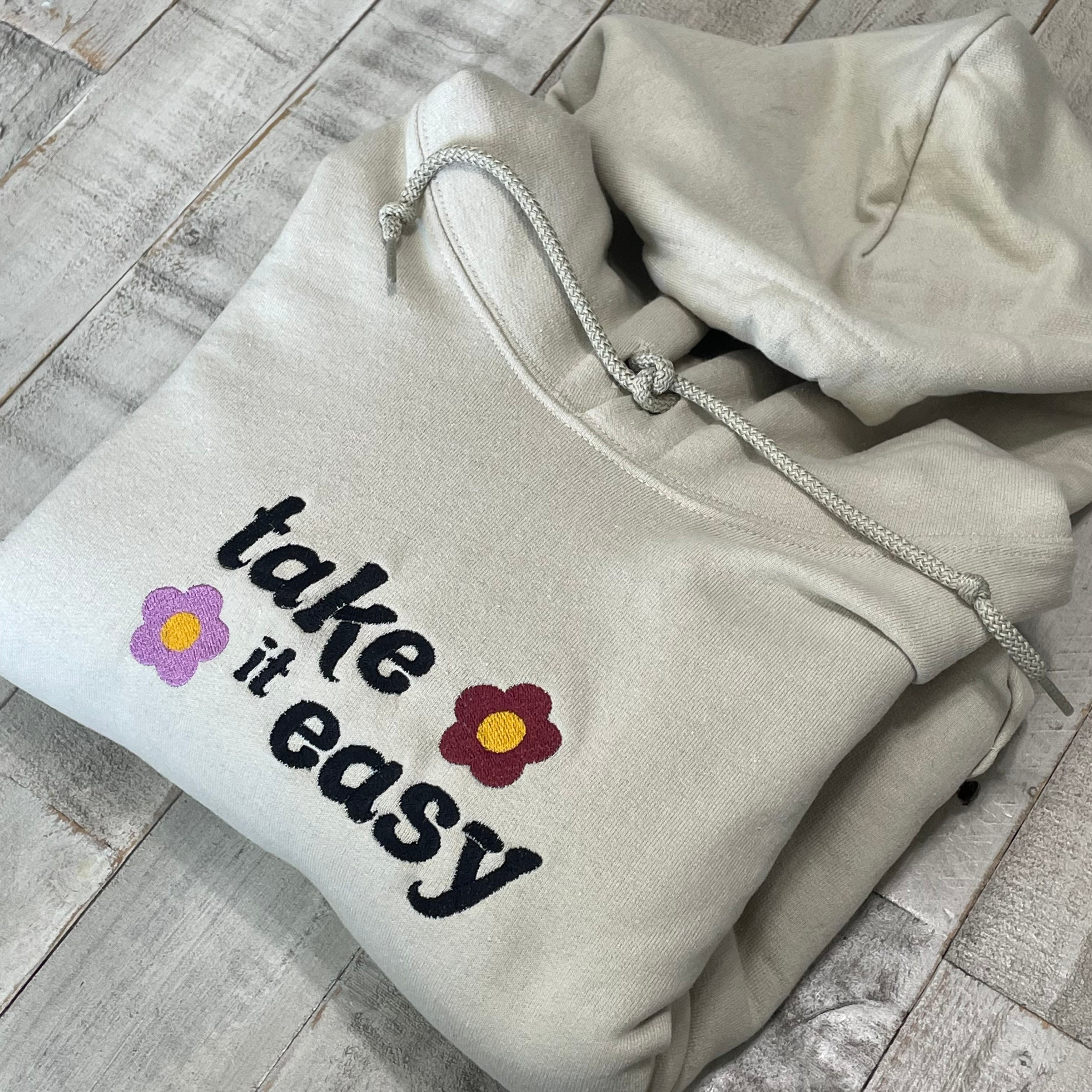 Take It Easy Embroidered Hoodie - Trendy Fleece (HOODIE)