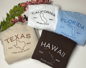 Custom State Embroidered Sweatshirt-  Choose Your State Out line Map