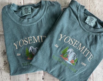 Yosemite Waterfall Comfort Colors T-Shirt – Embroidered Nature Design – Yosemite National Park – Also Available as Sweatshirt.