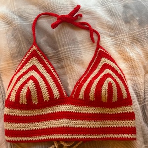 Red and cream striped crochet cropped summer top.