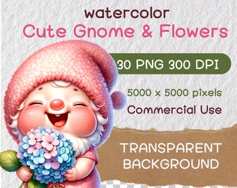 30 Cute Gnome and flowers in pink tone, Baby Nursery Gnome PNG, Cute chubby Gnome with a bouquet, offer a warm and whimsical atmosphere.