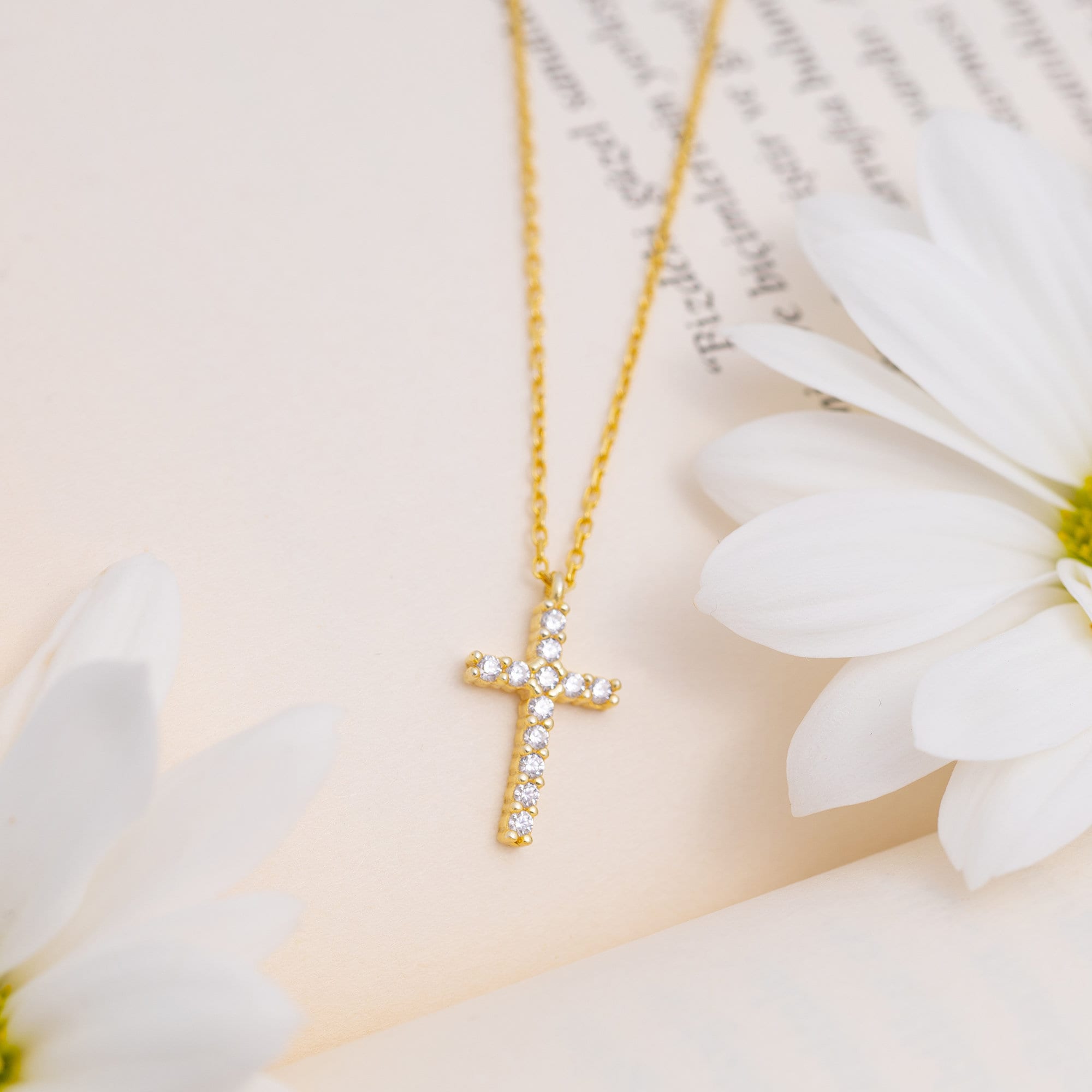Dainty Gold Cross Necklace for Women, Christian Necklace, Gold Stone