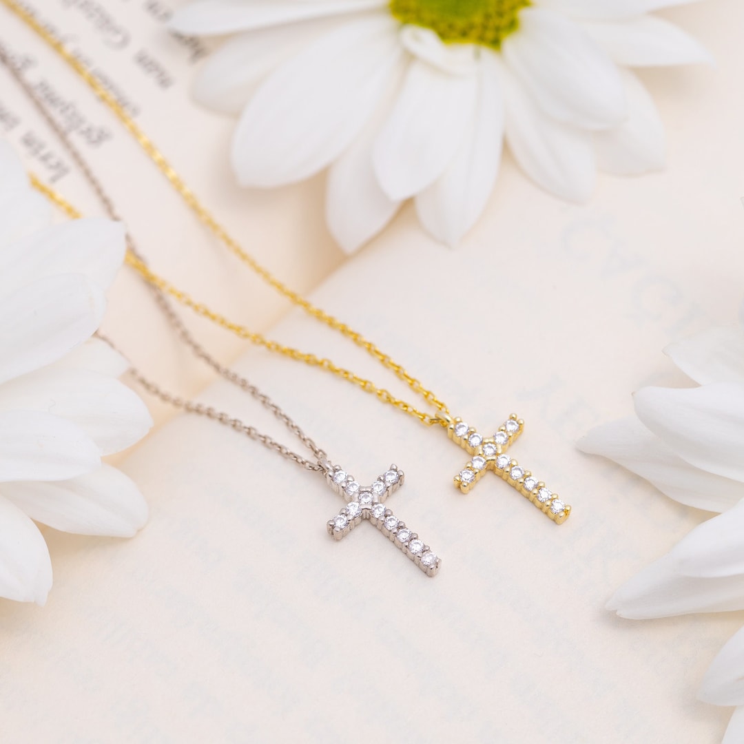 Cross Necklace, Stone Cross Necklace, Gift for Her, Christian Necklace