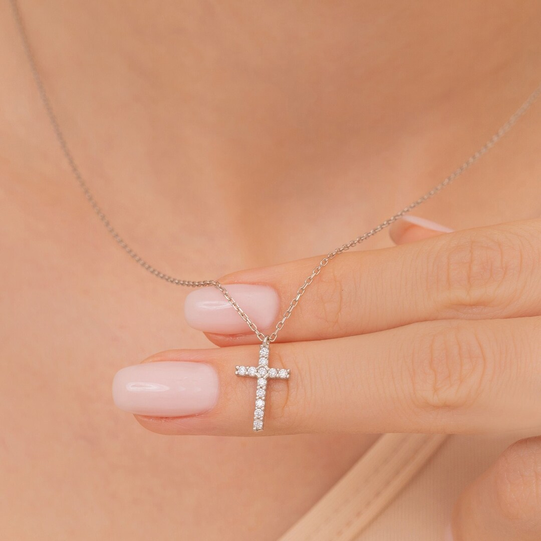 Dainty Gold Cross Necklace for Women, Christian Necklace, Gold Stone