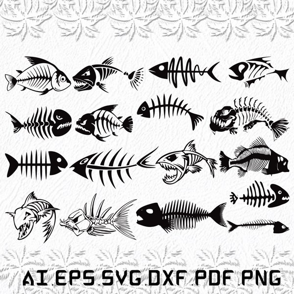 Fish svg, Dead fish svg, Skeleton svg, Piranha, Bone, SVG, ai, pdf, eps, svg, dxf, png