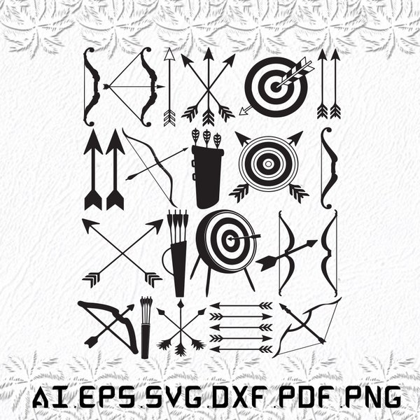 Bow and arrow svg, Bow svg, Arrow svg, Archer, Archery, SVG, ai, pdf, eps, svg, dxf, png