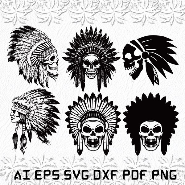 Headdress svg, Cherokee indian skull svg, Tattoo svg, Skull, Head, SVG, ai, pdf, eps, svg, dxf, png