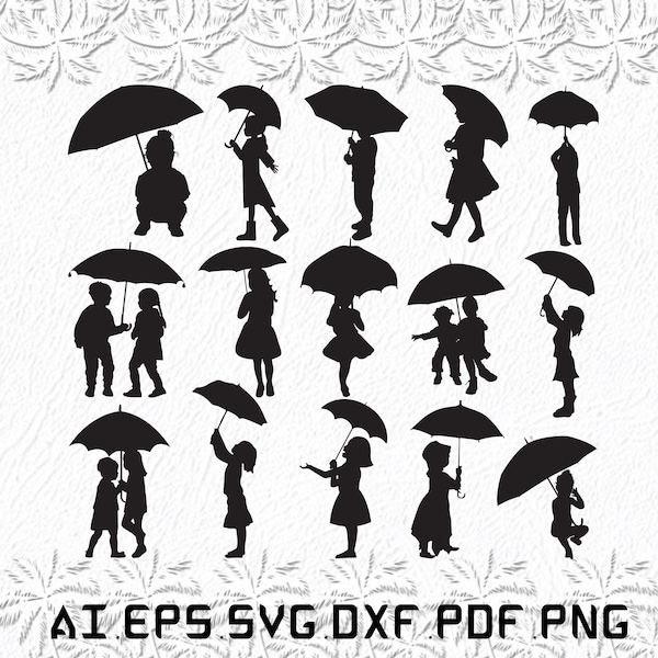 Enfants avec parapluie svg, svg enfants, parapluie svg, pluie, bébé, SVG, ai, pdf, eps, svg, dxf, png