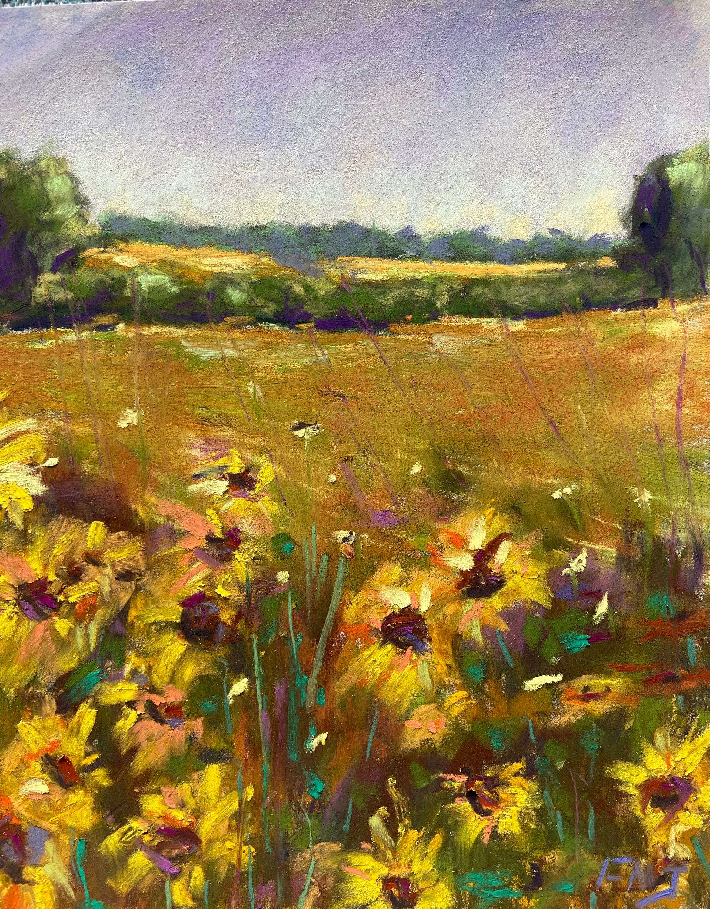 Sunflower Field Pastel Painting: Summer Gold Landscape Art