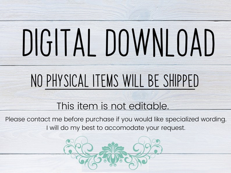 Op de afbeelding: Digitale download-afbeelding met de tekst "DIGITAL DOWNLOAD" in grote zwarte letters, gevolgd door "NO PHYSICAL ITEMS WILL BE SHIPPED" in kleinere zwarte letters. De tekst "This item is not editable." is ook inbegrepen, samen met instructies om contact op te nemen met de verkoper voor gespecialiseerde woordkeuze.