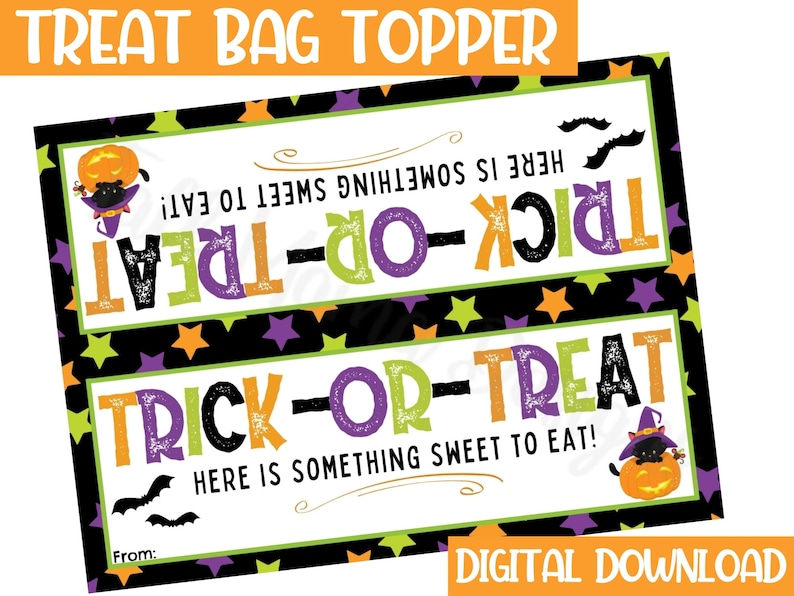 Puede incluir: Dos etiquetas de bolsas de golosinas de Halloween imprimibles con un gato negro con un sombrero de bruja y un caldero. El texto dice "Trick-or-Treat Here is something sweet to eat!" con un esquema de color verde, amarillo y morado.
