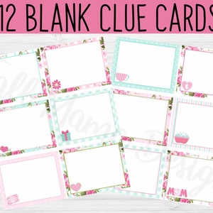 May include: Twelve blank clue cards with floral and polka dot designs. The cards are white with pink and blue borders. Some cards have small icons like a teacup, a gift box, a heart, and a bowl of bubbles.