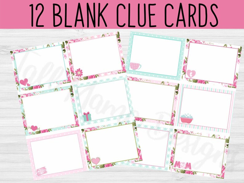 May include: Twelve blank clue cards with floral and polka dot designs. The cards are white with pink and blue borders. Some cards have small icons like a teacup, a gift box, a heart, and a bowl of bubbles.