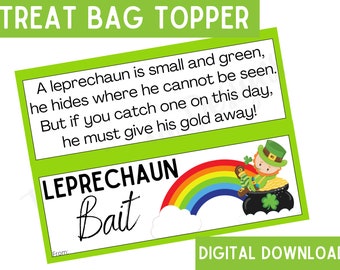 Leprechaun Bait Treat Bag Topper, St. Patrick's Day Treat Bag Topper, Leprechaun Bait Printable, Leprechaun Bait Topper, Digital Bag Topper