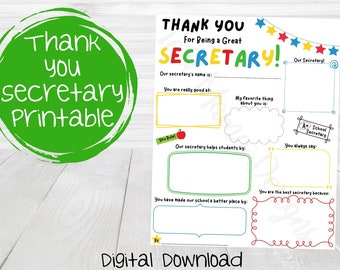 Thank You Secretary Printable, Secretary Appreciation Printable, Classroom Activity, Administrative Day Questionnaire, Digital Download