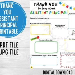 May include: Printable thank you card for an assistant principal. The card has a blue circle with the text "Thank You Assistant Principal Printable" and a colorful design with blank spaces to write in. The text "I PDF File I JPG File" is at the bottom of the card.