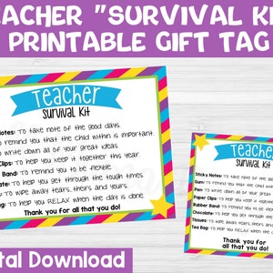 Teacher Survival Kit Printable Gift Tag, First Day of School Gift Tag, Teacher Gift Tag, Digital Survival Kit for Teacher, Printable Label