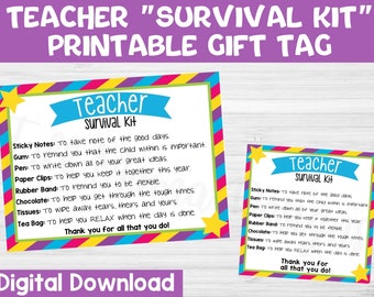 Teacher Survival Kit Printable Gift Tag, First Day of School Gift Tag, Teacher Gift Tag, Digital Survival Kit for Teacher, Printable Label