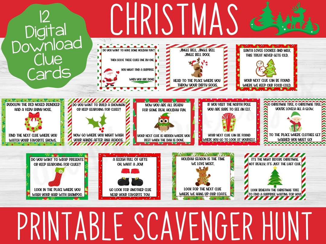 Christmas Scavenger Hunt Clue Cards, Printable Scavenger Hunt, Clue ...
