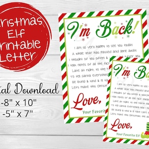 K&ouml;nnte beinhalten: Druckbarer Weihnachts-Elfenbrief mit rot-gr&uuml;nem gestreiftem Rand. Der Brief lautet "Ich bin zur&uuml;ck!" und enth&auml;lt eine Nachricht vom Elfen. Der Brief ist in zwei Gr&ouml;&szlig;en erh&auml;ltlich: 8 Zoll mal 10 Zoll und 5 Zoll mal 7 Zoll.