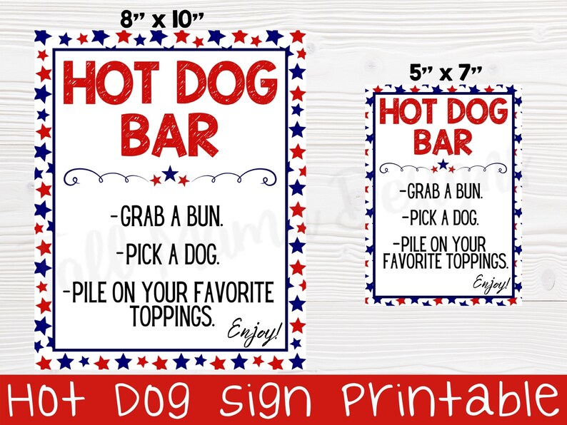 Hot Dog Bar Sign Printable Hot Dog Bar Food Labels Fourth of - Etsy
