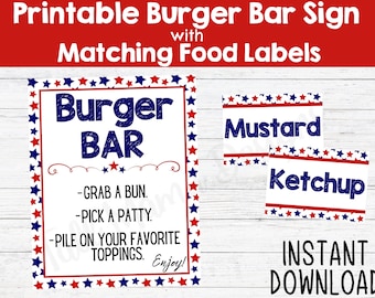 Burger Bar Sign Printable,Burger Bar Food Labels, Fourth of July Hamburger Sign, Printable Food Tents, BBQ Printable Sign, Fourth of July