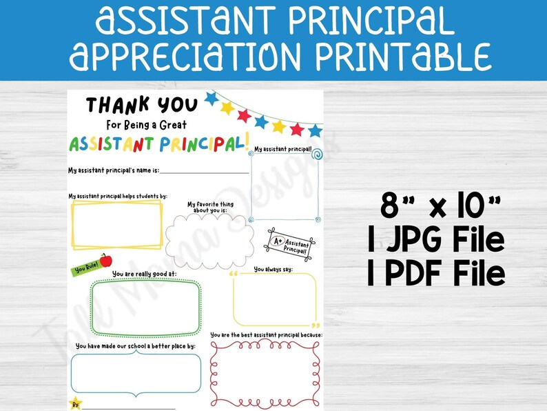 May include: Printable thank you card for an assistant principal. The card has colorful borders and stars. It includes the text "Thank You for Being a Great Assistant Principal!" and prompts for writing about the assistant principal.