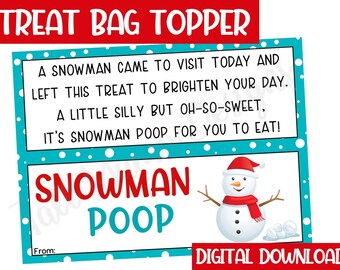 Snowman Poop Treat Bag Christmas Toppers, Funny Christmas Bag Toppers, Christmas Party Favor Bag Topper, Classroom Christmas Bag, Digital