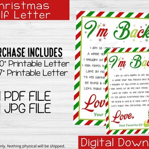 K&ouml;nnte beinhalten: Druckbarer Weihnachts-Elfenbrief in zwei Gr&ouml;&szlig;en, 8x10 Zoll und 5x7 Zoll. Der Brief ist in einer festlichen Schrift geschrieben und enth&auml;lt den Text "Ich bin zur&uuml;ck!" und "Liebe, Dein Lieblings-Elf".
