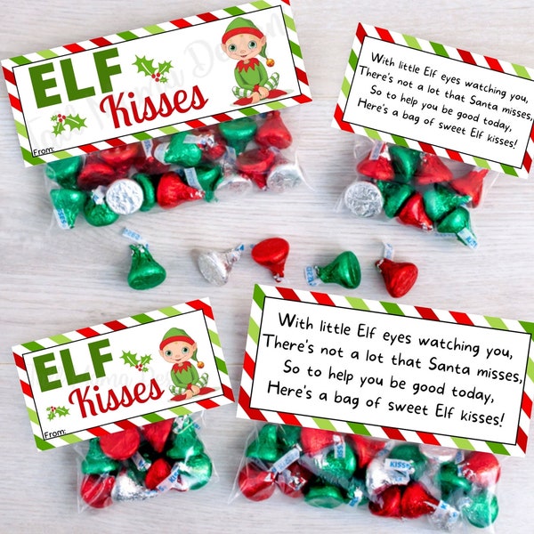 ELF Küsse Leckerli Tasche Weihnachten Toppers, druckbare Weihnachten Toppers, Weihnachts Party Favor Taschen Topper, Klassenzimmer Weihnachten Tasche Toppers