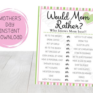 Would Mom Rather Printable, Mother's Day Activity, Mother's Day Game, Mother's Day Questions, Digital Download Would You Rather Game