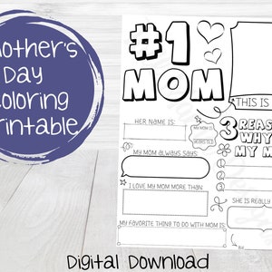 Mother&#39;s Day Printable Coloring Page, Mother&#39;s Day Digital, #1 Mom Coloring Page, Mother&#39;s Day Activity, Mother&#39;s Day Printable for Kids