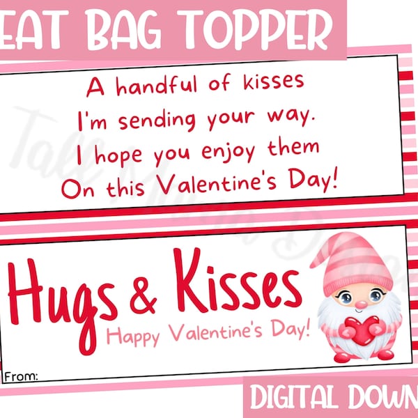 Hugs and Kisses Treat Bag Topper, Printable Treat Bag Topper, Classroom Valentine's Treat Bag, Digital Valentine's Day Topper