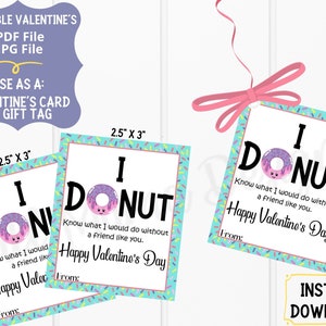 I DONUT Know Printable Valentine&#39;s Card, Kid&#39;s Valentine&#39;s Day, Printable Valentines Day Card, Printable Gift Tag, Digital Download Gift Tag