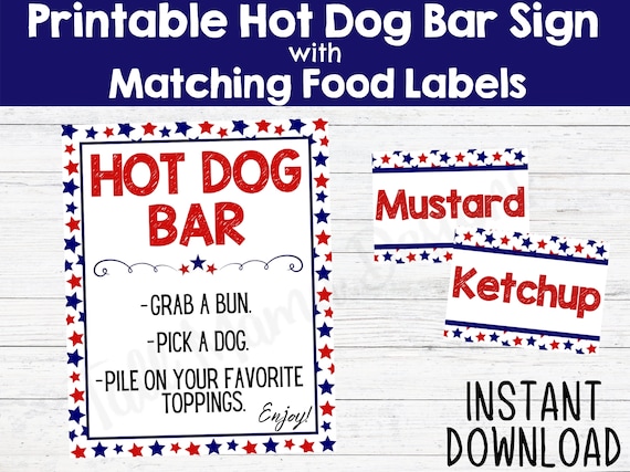 Hot Dog Bar Sign Printable Hot Dog Bar Food Labels Fourth of - Etsy
