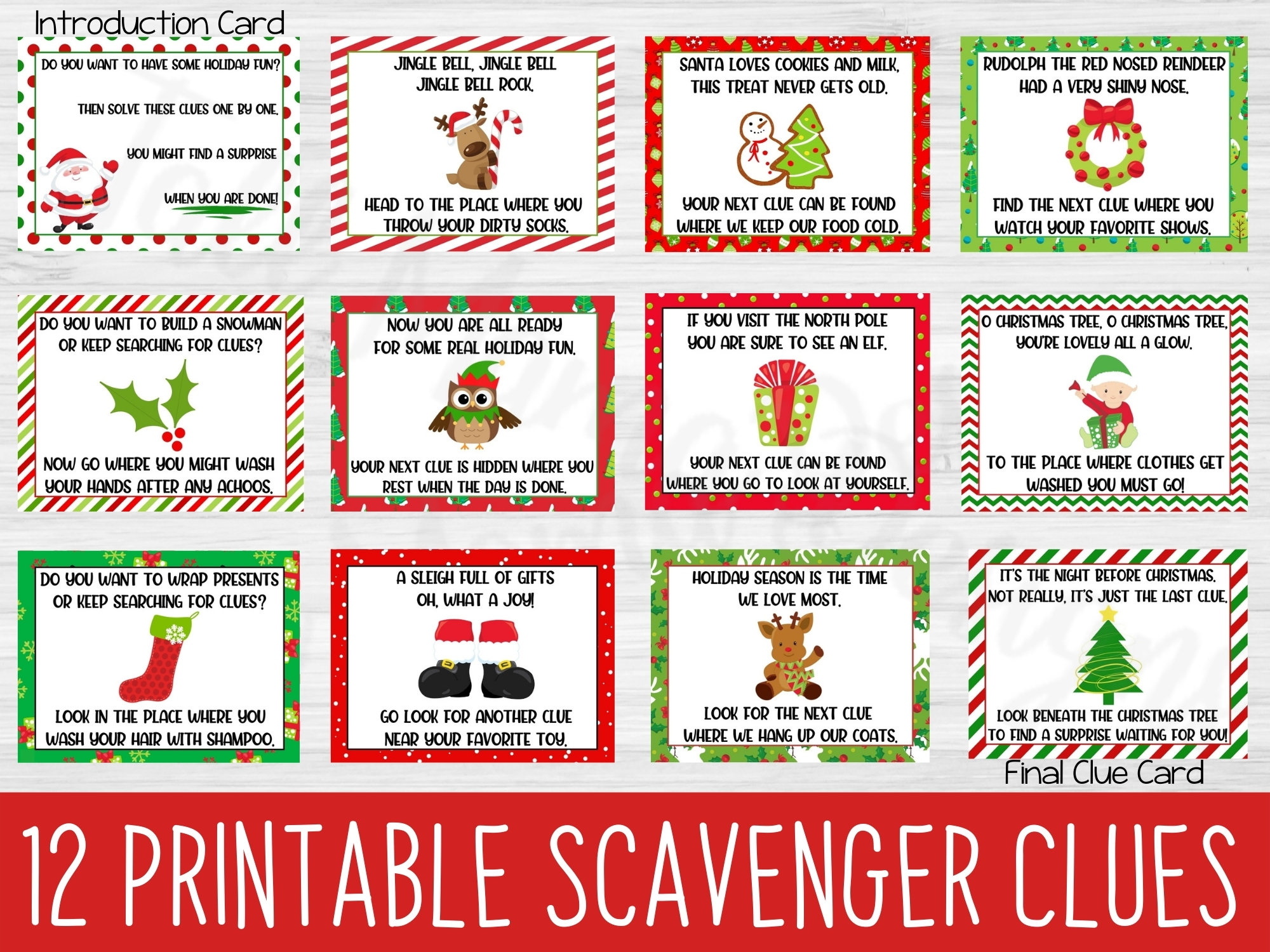 Christmas Scavenger Hunt Clue Cards, Printable Scavenger Hunt, Clue ...