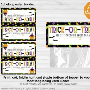 Puede incluir: Toppers de bolsas de golosinas de Halloween imprimibles con un gato negro con un sombrero de bruja y una calabaza. Los toppers incluyen el texto "Trick-or-Treat! Here is something sweet to eat!" y un espacio para escribir "From:".