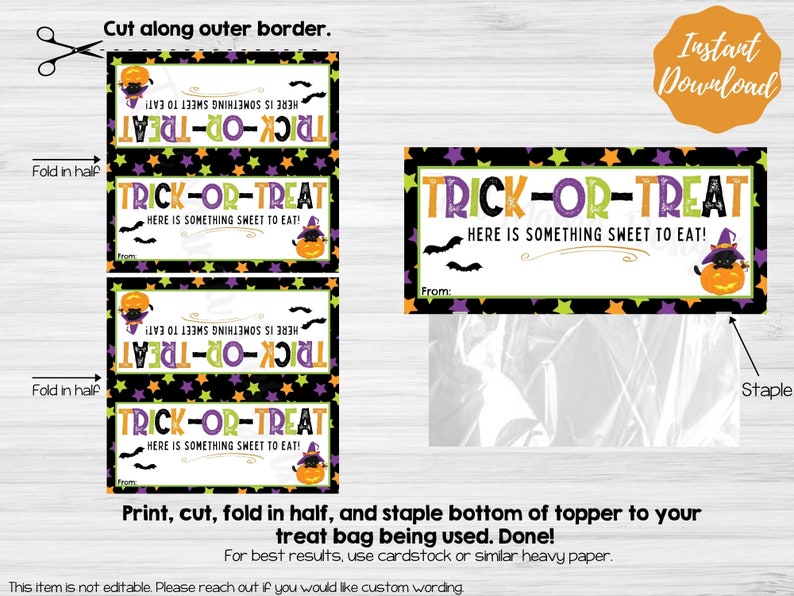Puede incluir: Toppers de bolsas de golosinas de Halloween imprimibles con un gato negro con un sombrero de bruja y una calabaza. Los toppers incluyen el texto "Trick-or-Treat! Here is something sweet to eat!" y un espacio para escribir "From:".