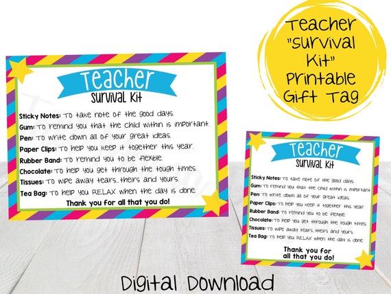 Teacher Survival Kit Printable Gift Tag, First Day Of School Gift.