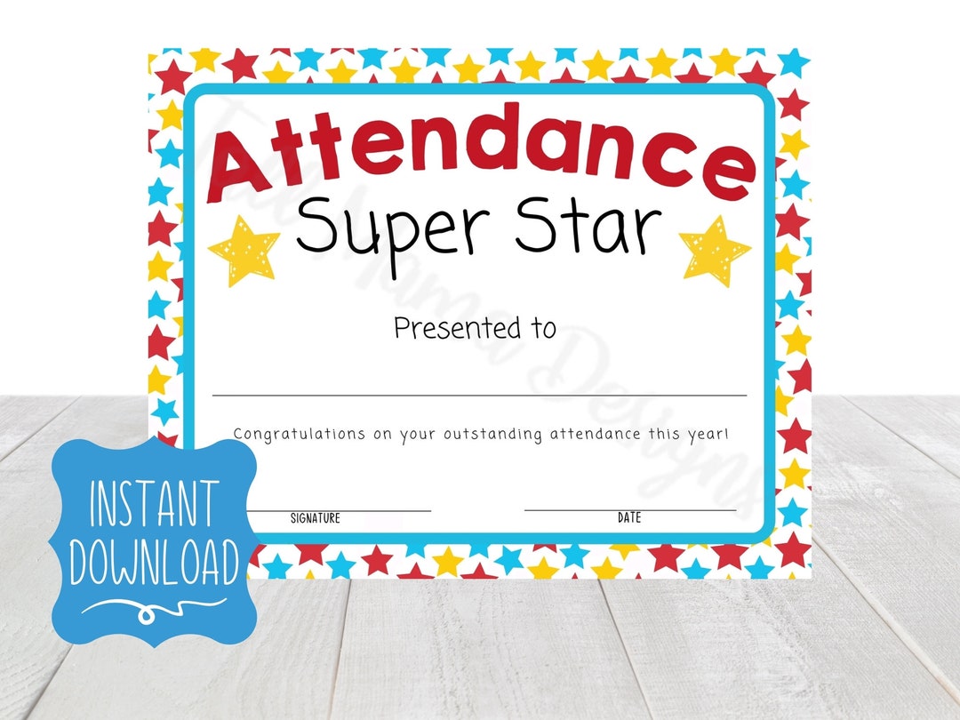 Attendance Award Certificate Printable, Perfect Attendance Certificate, Attendance Award Printable, School Attendance Certificate, Kid Award - Etsy