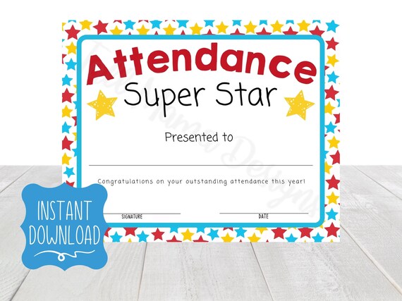 Attendance Award Certificate Printable Perfect Attendance Etsy