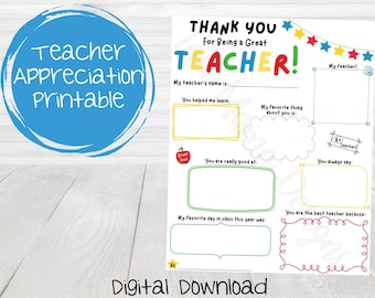 Teacher Appreciation Printable, Thank You Teacher Printable, Classroom Activity, Teacher Appreciation Activity, Printable for Kids, Digital
