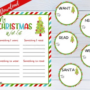 Printable Christmas Wish List, Secret Santa, Digital Download, Want, Need, Wear, Read List, Dear Santa Letter, Printable Christmas Gift Tags
