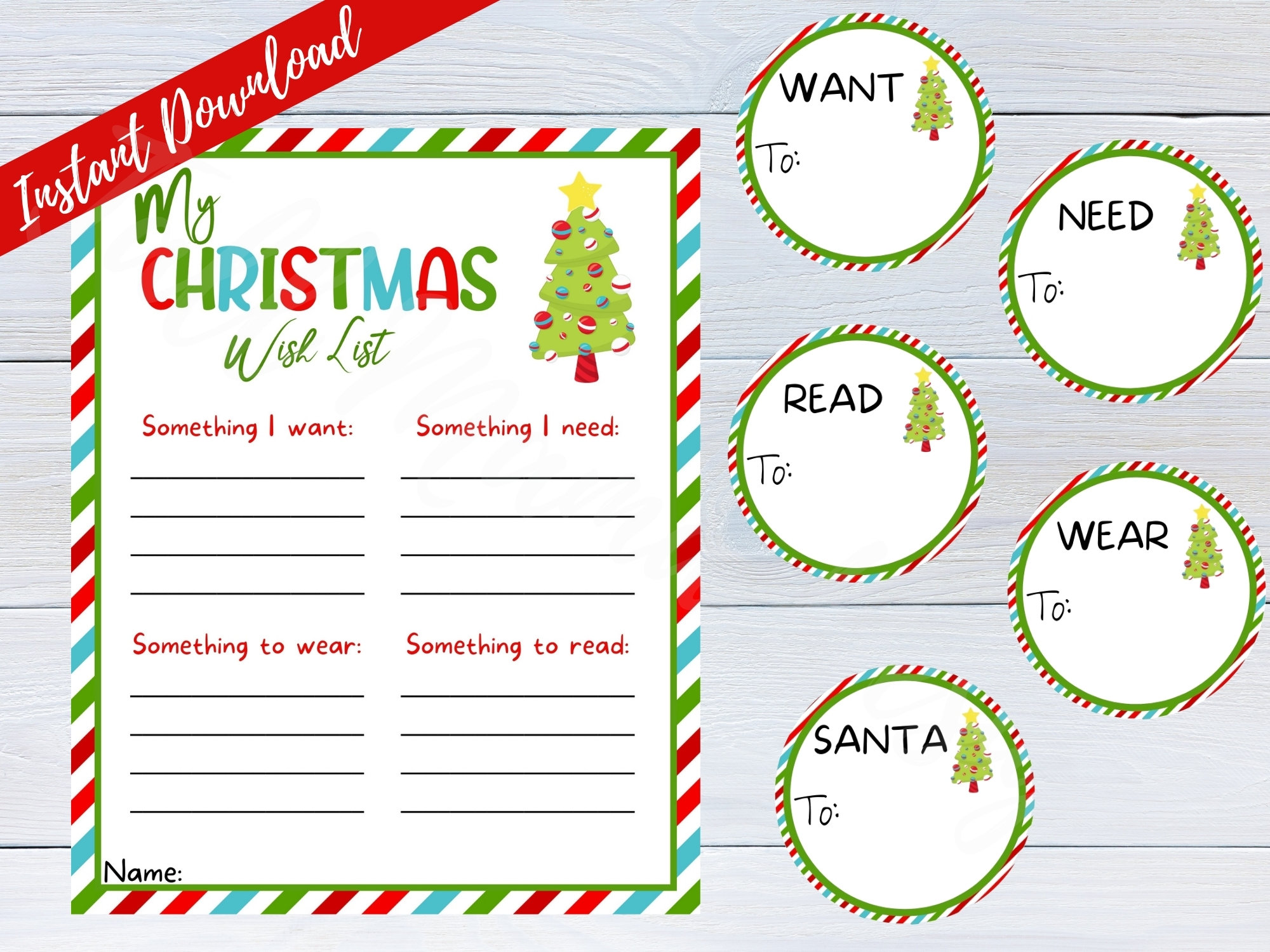 printable christmas wish list, secret santa, digital download