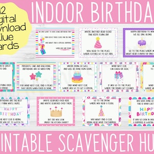 Pistas de búsqueda del tesoro de cumpleaños en interiores, búsqueda del tesoro imprimible, búsqueda del tesoro de cumpleaños en interiores, actividad de cumpleaños, juego de cumpleaños, digital