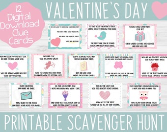 May include: Twelve printable Valentine's Day scavenger hunt clue cards with pink and blue backgrounds. The cards feature various illustrations and text, such as a heart, a bird, a cupcake, and an owl. The text on the cards includes phrases like "Do you want to have some Valentine's Day?", "When you look for the next clue, be sure to hold your nose", and "Our Valentine's adventure is done. I hope you had so much fun."